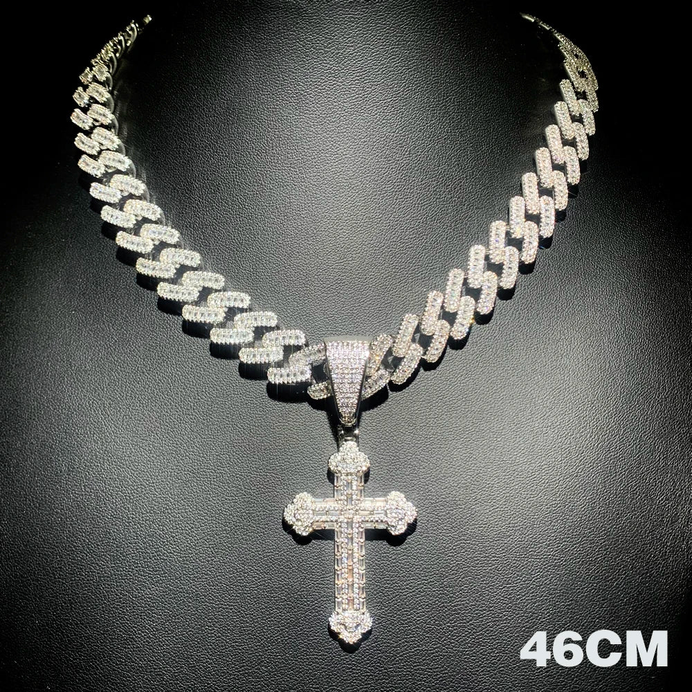 Collana con croce ghiacciata per uomo donna ciondolo con zirconi color argento bling con catena a maglie cubane da 15 mm gioielli hip-hop