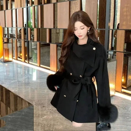 Korean Chic Elegant Double Breasted Fur Cuff Belted Wool Coat Women Slim Fit Winter Warm Casual Daily Party Outwear Blends New