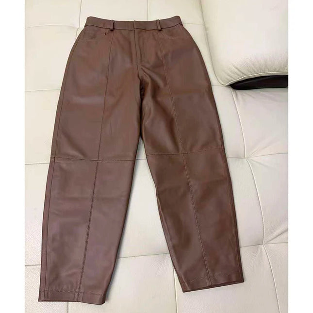 Genuine Leather Pencil Pants Spring Autumn Women Sheepskin High Waist Simple Fashion Long Trousers Black/White/Khaki Cargo Pants