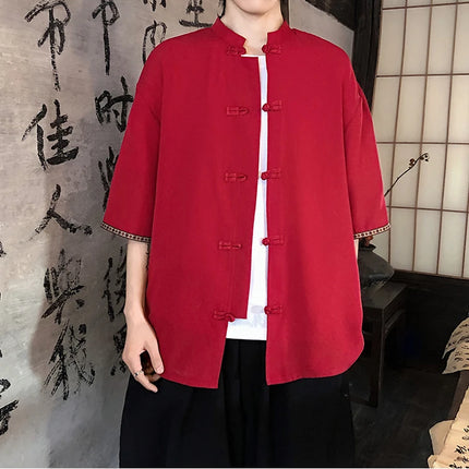 Camicie retrò da uomo, estive, eleganti, larghe, casual, leggere, sottili, traspiranti, in stile cinese, vintage, con calligrafia tradizionale.