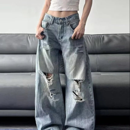 2025 Jeans blu da donna strappati a vita alta estivi American Vintage Streetwear Y2K Pantaloni a gamba larga Jean anni 2000 Pantaloni larghi in denim