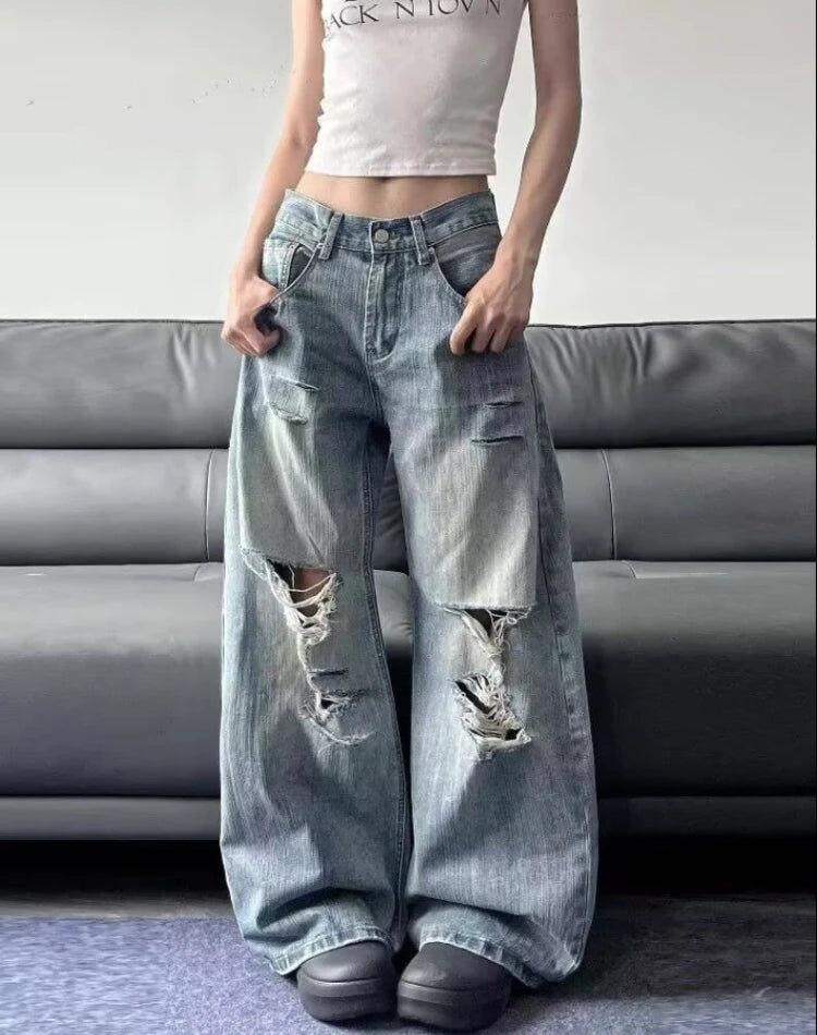 2025 Jeans blu da donna strappati a vita alta estivi American Vintage Streetwear Y2K Pantaloni a gam