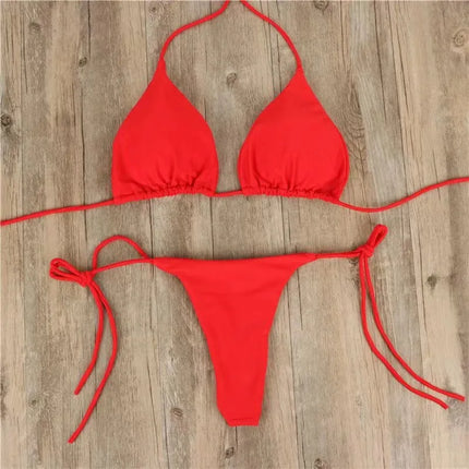 Women's Beach Style Halter Swimsuit Solid Thong Bikini Set Sexy Bathing Suit Female Swimwear