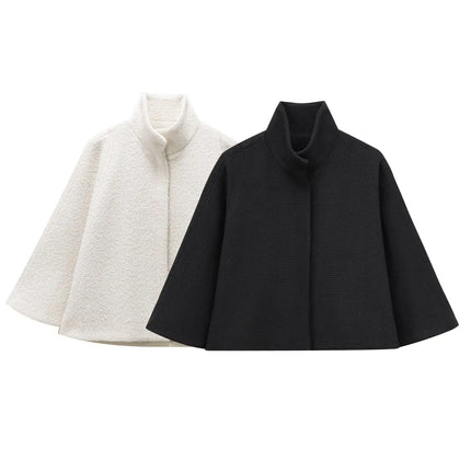 HH Women's 2025 New Solid Wool Blended Stand Collar Concealed Button Cape Jacket Female Fashion Versatile Temperament Jacket
