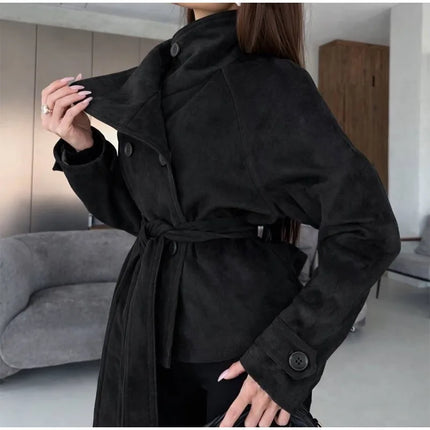 Elegant Suede Women Jacket Turn Down Collar Double Breasted Belt Waist Slim Jackets 2026 Autumn Winter Female Fashion Tops