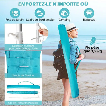 Beach Umbrella 198cm with Tilt Button, Sand Anchor, Carry Bag, Wind and Sun Protection, Blue