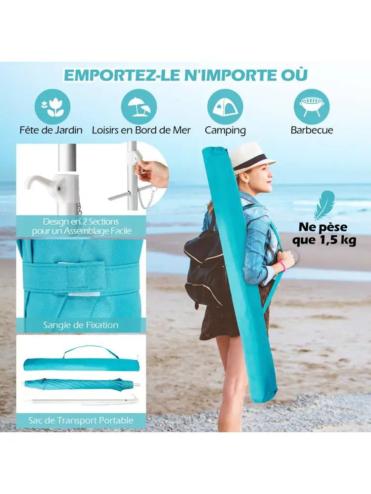 Ombrellone da Spiaggia 198cm con Pulsante di Inclinazione, Ancoraggio per Sabbia, Borsa per il Trasporto, Protezione dal Vento e dal Sole, Blu