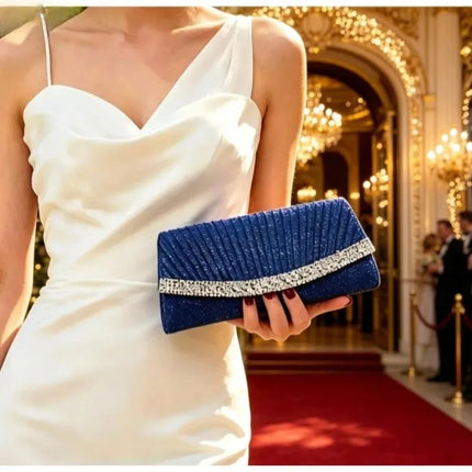 Borsa Clutch Plissettata con Strass, Pochette da Sera Scintillante con Cristalli, Elegante Borsetta da Donna per Cerimonie, Matrimoni e Feste Formali