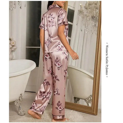Pigiama da donna elegante pigiameria in raso Pj Set stampa floreale bottoni manica corta risvolto top e pantaloni lunghi indumenti da notte vestiti per la casa platinumshop