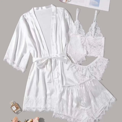 Set loungewear di lusso in pizzo da 4 pezzi - Canotta + pantaloncini/pantaloni + vestaglia kimono |   Collezione di indumenti da notte sexy da donna