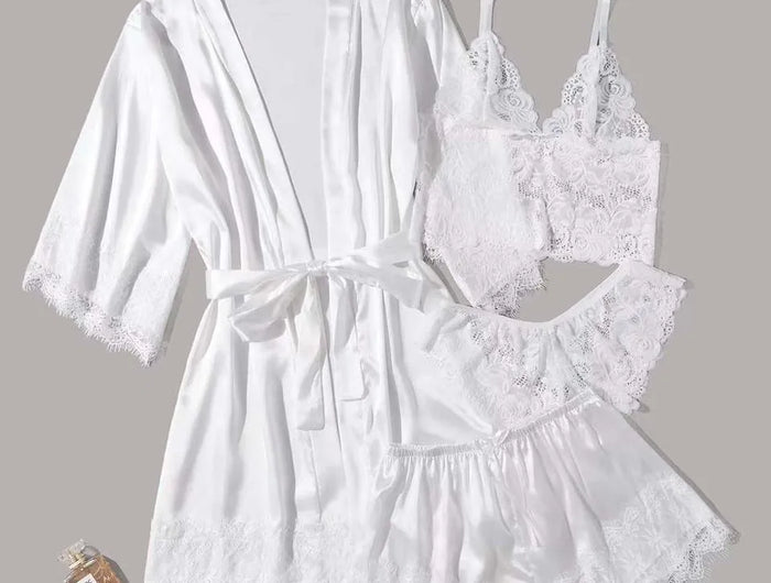 Set loungewear di lusso in pizzo da 4 pezzi - Canotta + pantaloncini/pantaloni + vestaglia kimono |   Collezione di indumenti da notte sexy da donna