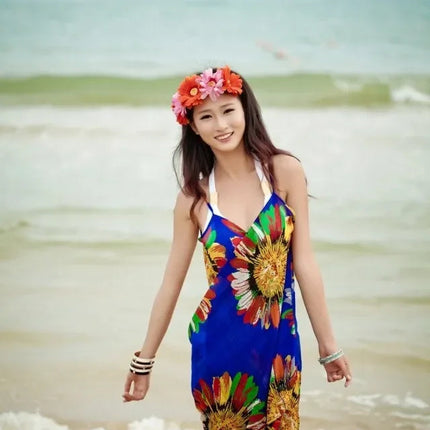 Copricostumi stampati Abito da spiaggia sexy Donna Halter Sling Chiffon Asciugamano da spiaggia Bikini Wrap Pareo Gonne Costumi da bagno aperti sul retro platinumshop