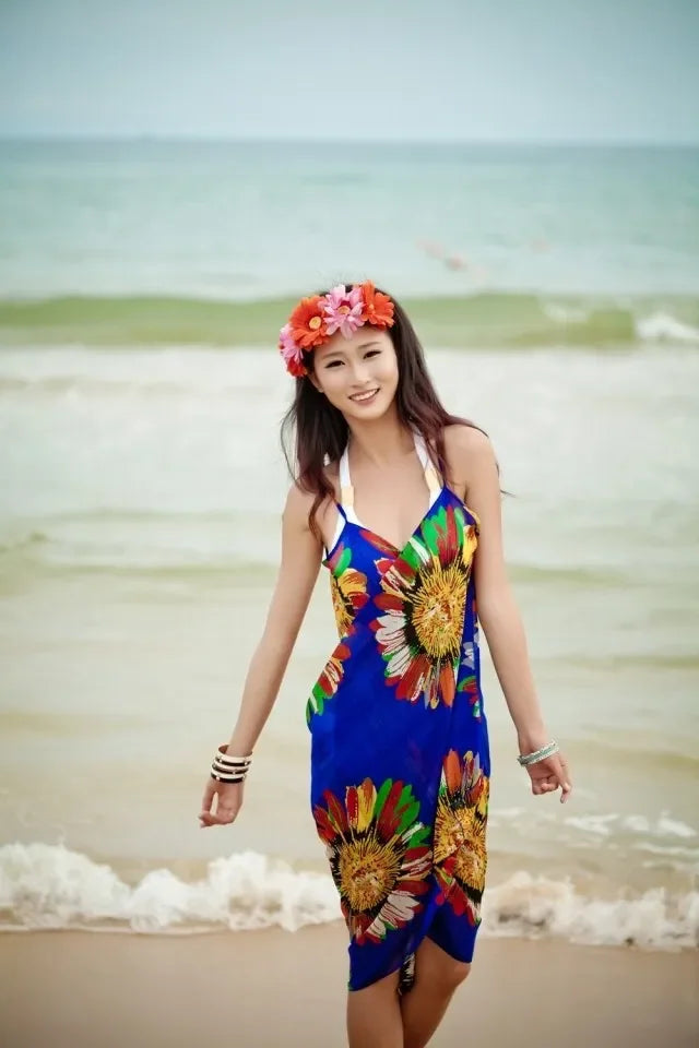 Copricostumi stampati Abito da spiaggia sexy Donna Halter Sling Chiffon Asciugamano da spiaggia Bikini Wrap Pareo Gonne Costumi da bagno aperti sul retro platinumshop