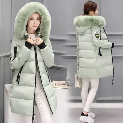 Women Winter Fur Collar Hooded Parka Coats Fashion Letter Patch Zipper Long Jacket Elegant Slim Warm Thick Female Snow Outerwear