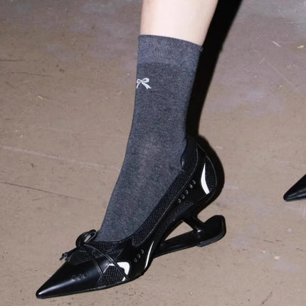 Special Heel Spliced Heels Pointed Toe Heels Women's Fashion Shallow Mouth Bow Non-Slip Mary Jane Single Shoes PlatiNum
