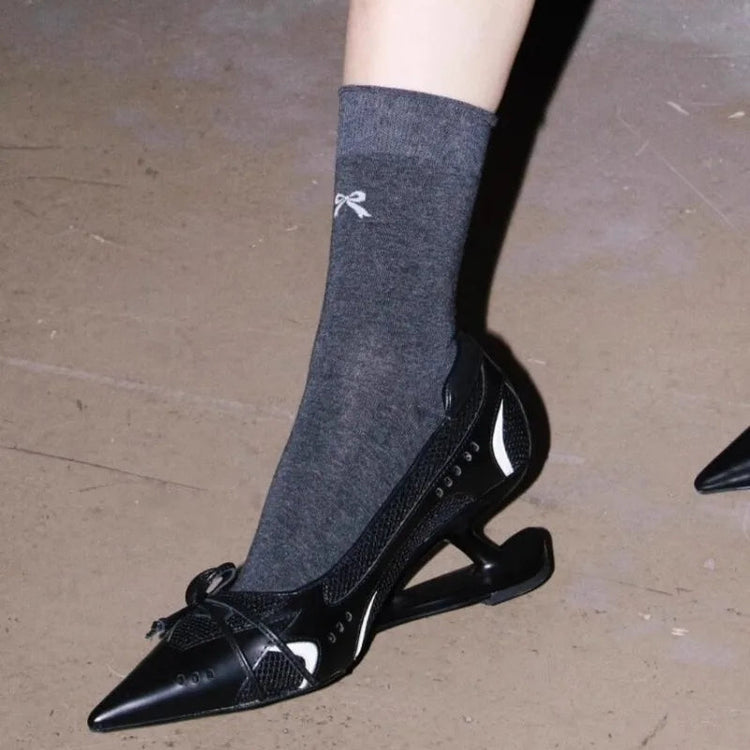 Special Heel Spliced Heels Pointed Toe Heels Women's Fashion Shallow Mouth Bow Non-Slip Mary Jane Single Shoes PlatiNum