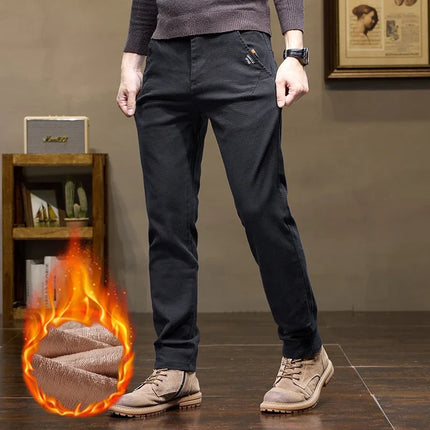 Winter Fleece Men's Slim Straight Business Casual Pants Solid Color Elasticity Trousers Warm Thickened Velvet Plaid Pants Male