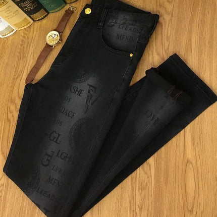 Spring and Autumn Korean Slim Jeans for Men 2025 High-end Luxury Clothing Black Printing Mid-waist Stretch Casual Pencil Pants PlatiNum