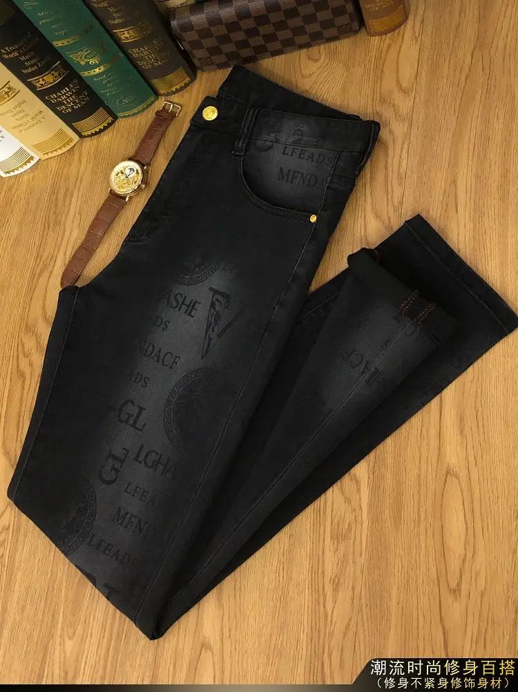 Spring and Autumn Korean Slim Jeans for Men 2025 High-end Luxury Clothing Black Printing Mid-waist Stretch Casual Pencil Pants PlatiNum