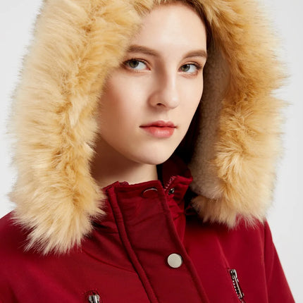 Women's Winter Coat Warm Fleece Lined Parka Detachable Faux Fur Hood Padded Jacket Slim Waist Thick Sherpa Loose Cotton Outwear