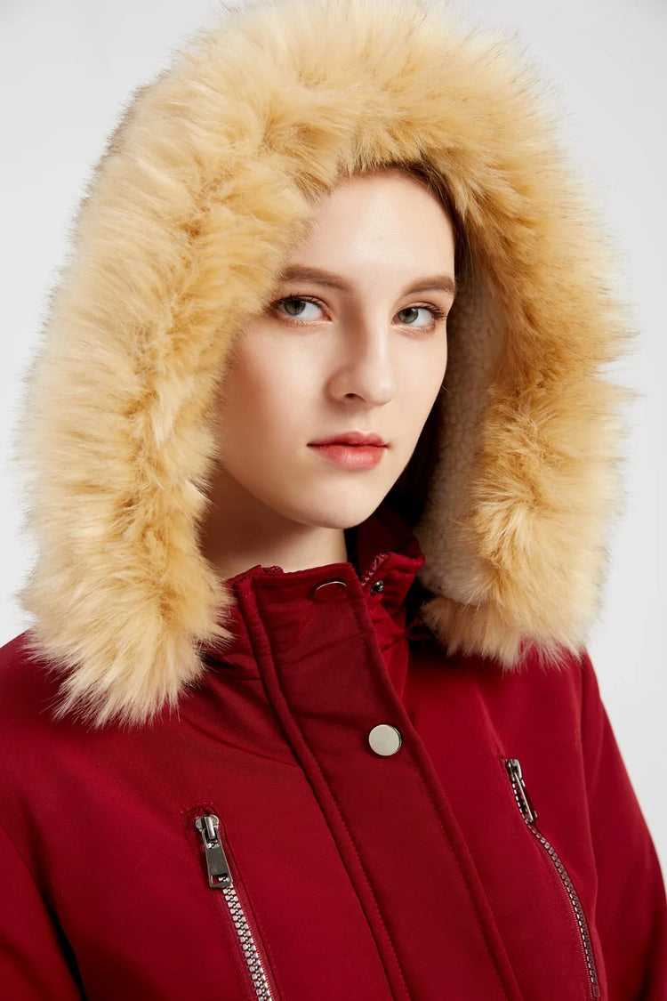 Women's Winter Coat Warm Fleece Lined Parka Detachable Faux Fur Hood Padded Jacket Slim Waist Thick Sherpa Loose Cotton Outwear