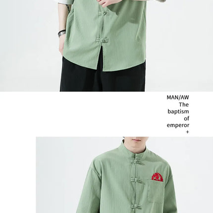 Camicie Retrò da Uomo Ricamate Stile Kung Fu Tai Chi, Camicie Casual a Maniche Corte, Stile Cinese in Lino Traspirante e Cotone per Uomo