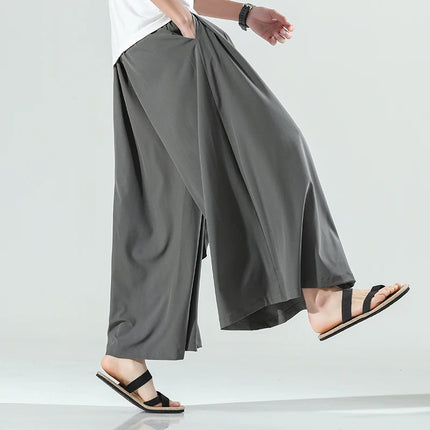 Abbigliamento da uomo in stile cinese estate sottile seta di ghiaccio pantaloni larghi Casual da uomo larghi Plus Size Hakama Harajuku pantaloni Hip Hop oversize