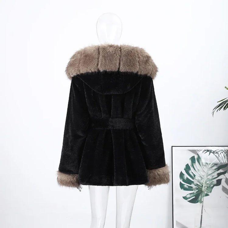 Casual Patchwork Faux Fur Collar Women's Coat Lace Up Pockets Thicken Lady Coats 2026 Autumn Winter Female Street Outerwear