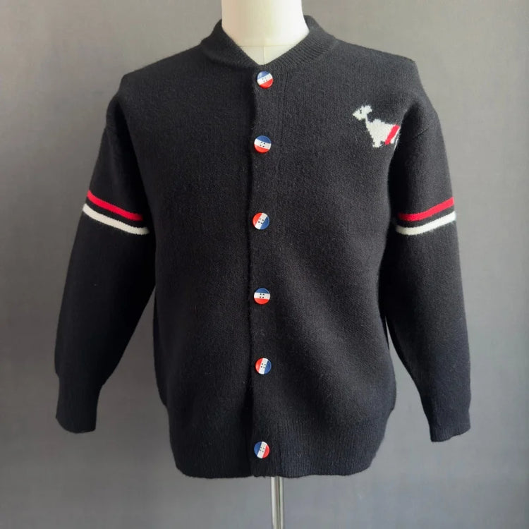 Fashion Men's Knit Cardigan High-End Brand Cartoon Dog Print Design Autumn Winter New Classic Striped Korean Casual Sweater Coat