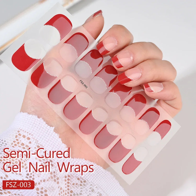 16Tips White French Semi-Cured Gel Nail Patch Sliders Full Cover Gel Nail Stickers For UV Lamp Adhesive Decals Manicure Patch #7