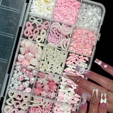 1 Box Pink White Series Bow Heart Nail Charms 3D Arcylic Nail Art Decorations Pearl 5-petal Flower Jewelry Manicure Accessories*