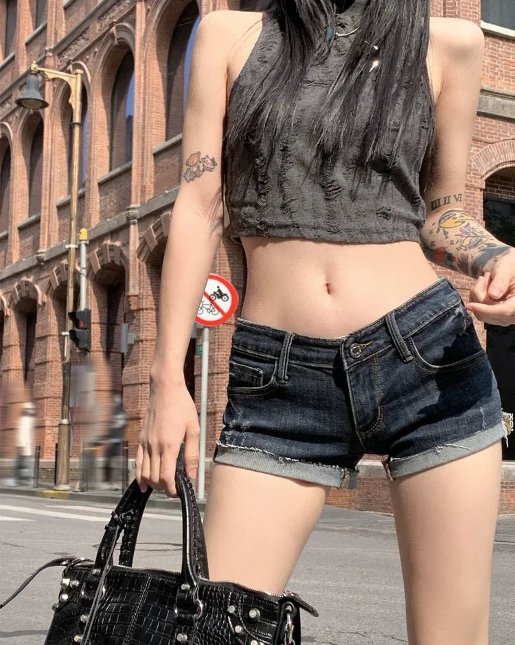 Jeans for Women Low Rise Curled Denim Shorts Skinny Summer New Y2k Spicy Girl Casual Streetwear Sexy Nightclub DJ Mini Shorts PlatiNum