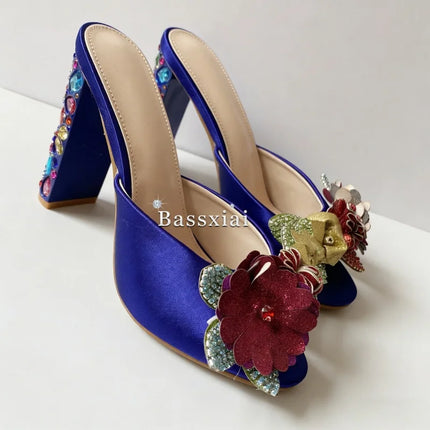 Sandali con tacco alto da donna estivi in seta blu con strass colorati e decorazioni a nodo a farfalla in cristallo per ragazze