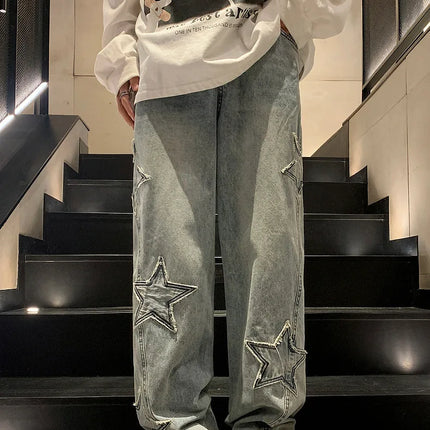 New Fashion Stella a cinque punte Jeans Uomo a vita alta Vintage Streetwear Pantaloni da uomo Baggy Inverno Jeans a gamba larga Denim Abbigliamento uomo