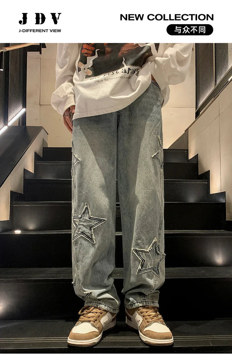 New Fashion Stella a cinque punte Jeans Uomo a vita alta Vintage Streetwear Pantaloni da uomo Baggy Inverno Jeans a gamba larga Denim Abbigliamento uomo