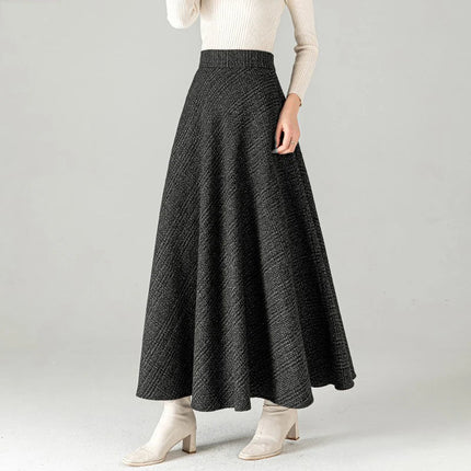 New Women Woolen Plaid Skirt Autumn Winter Fashion Elastic High Waist A-Line Wool Blended Long Skirt Simplicity Vintage Skirt PlatiNum