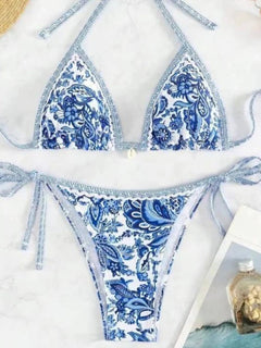 Bikini a triangolo con laccetti da donna, costume da bagno due pezzi, abbigliamento da spiaggia estivo