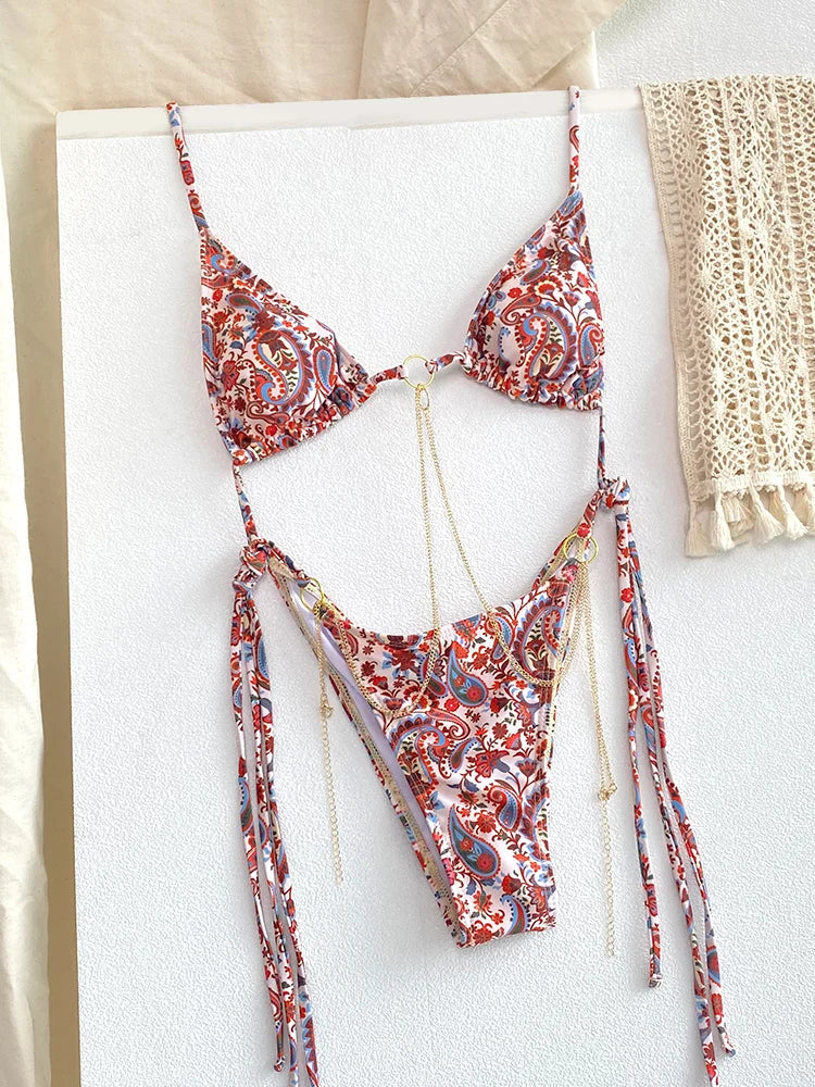 Catene a triangolo sexy Set bikini Micro perizoma Costume da bagno donna Costume da bagno Biquini Fasciatura Costumi da bagno Stampa Costumi da bagno Perizoma Bikini platinumshop