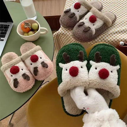 Winter Christmas Women Home Slippers Men Indoor Soft Non-slip Sandals Couples Warm Plush Flat Slides Adults Unisex Lovely Shoes