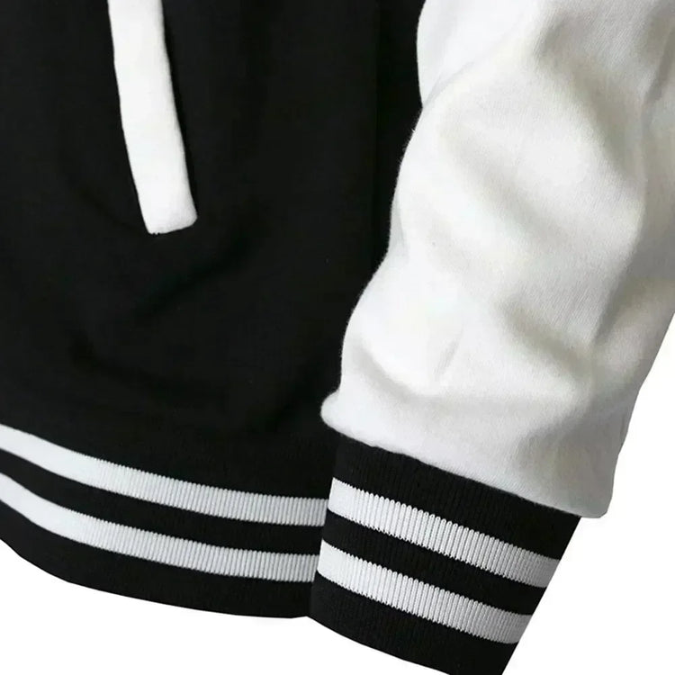 Preppy Style B-class printed baseball jacket with black and white color block sleeves and contrasting colors
