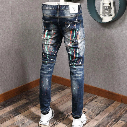 Fashion Streetwear Men Jeans Retro Black Blue Elastic Slim Fit Ripped Jeans Men Spliced Designer Embroidery Hip Hop Denim Pants PlatiNum