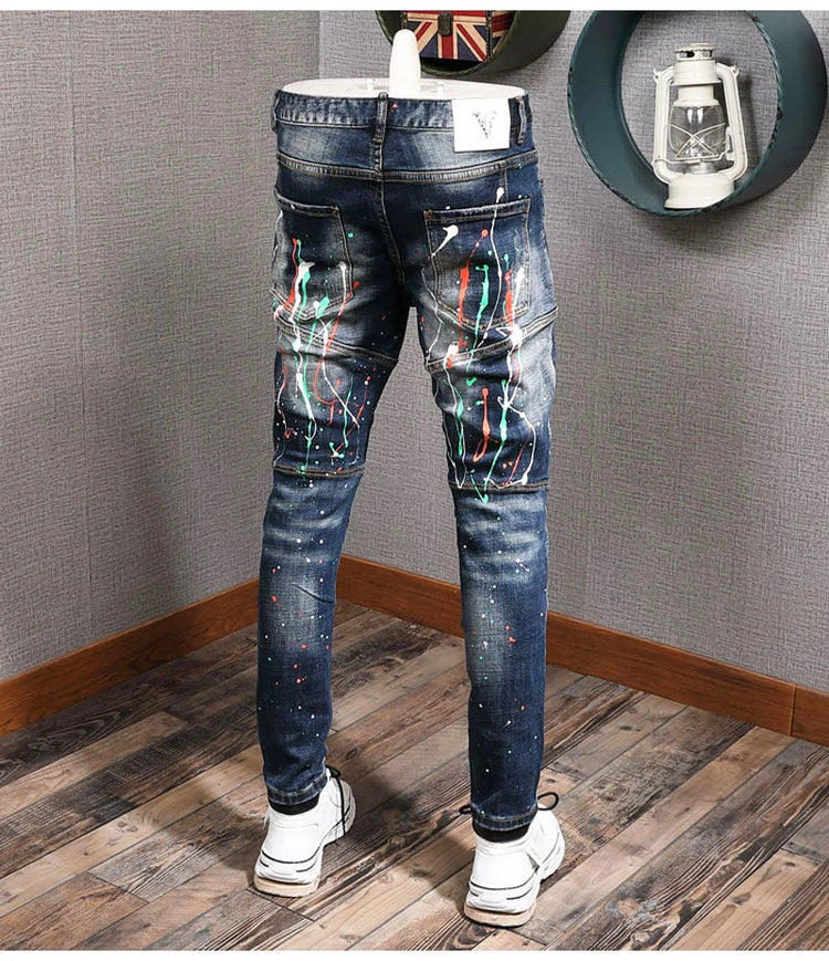Fashion Streetwear Men Jeans Retro Black Blue Elastic Slim Fit Ripped Jeans Men Spliced Designer Embroidery Hip Hop Denim Pants PlatiNum