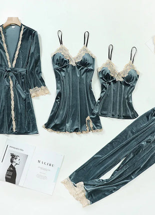 TOP Casual Velluto Abbigliamento per la casa 4 pezzi Set da notte Intimo Lingerie Pigiama da donna Completo a maniche lunghe in pizzo Velluto Homewear Pigiama set