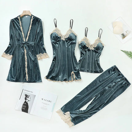 TOP Casual Velluto Abbigliamento per la casa 4 pezzi Set da notte Intimo Lingerie Pigiama da donna Completo a maniche lunghe in pizzo Velluto Homewear Pigiama set