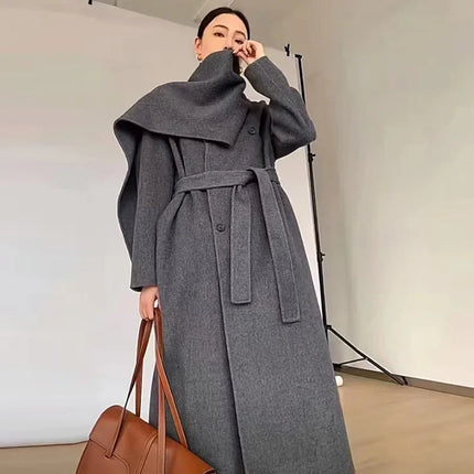 Luxury Hand-sewn Double-sided Cashmere Wool Coat Women New Mid-length Scarf Collar Loose Lace-up Warm Wool Coat Fashion Winter