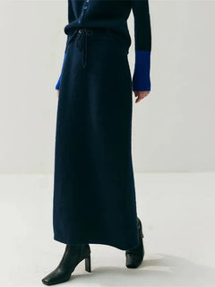 Damen Kaschmirröcke Verdicken Herbst Winter Kordelzug Schlitz Gerader Langer Rock Lässiges Kleid aus 100 % Kaschmirstrick mit hoher Taille