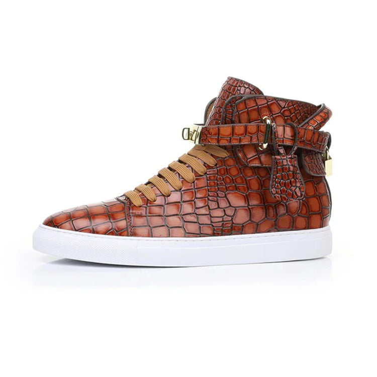 Luxury Designer Men Crocodile Pattern High Top Sneakers Glossy Patent Leather Gold Buckle Lace-up Casual Street Shoes Footwear