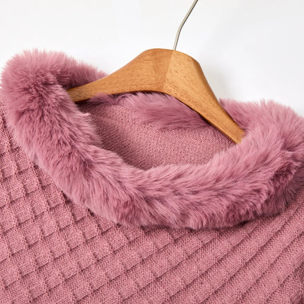 European and American Fall/Winter New Arrival Knitted Pattern Women's Wraparound Faux Fur Collar Pullover Loose Oversized Cape