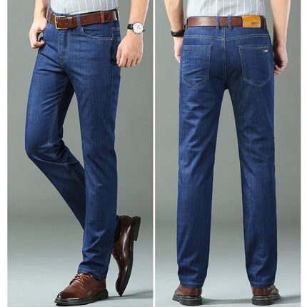 New Ice Silk Thin Denim Jeans for Men Blue Straight Stretch Cotton Denim Pant Business Casual Lightweight Trousers Spring Summer