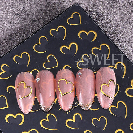 4pcs Valentine's Day Nail Art Stickers 3D Gold/Silver French Lines Love Heart Nail Decals Adhesive Slider Manicure Decorations